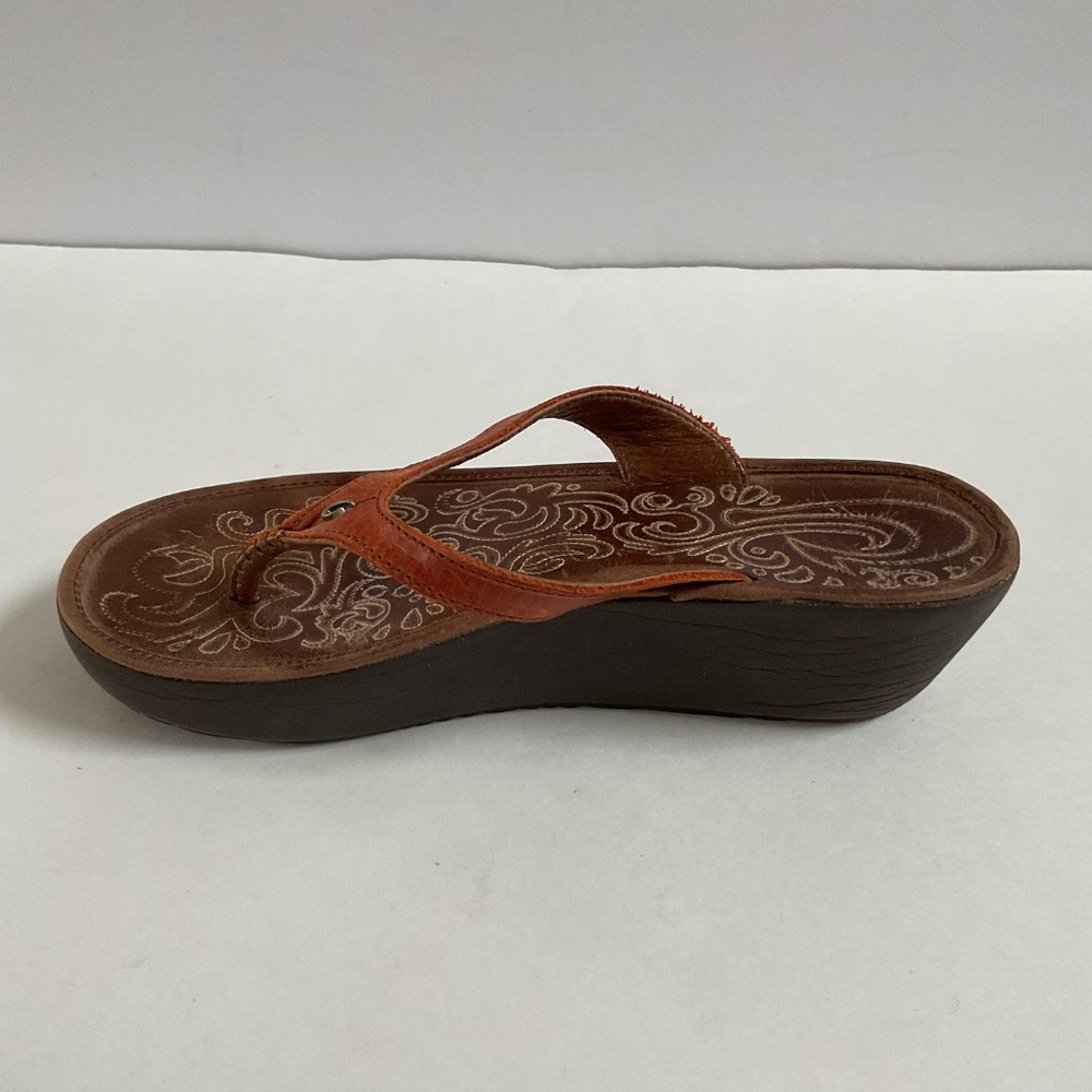 Olukai Paniolo Wedge Women’s Sz 8 Orange Brown Leather Thong Sandals - Picture 8 of 12